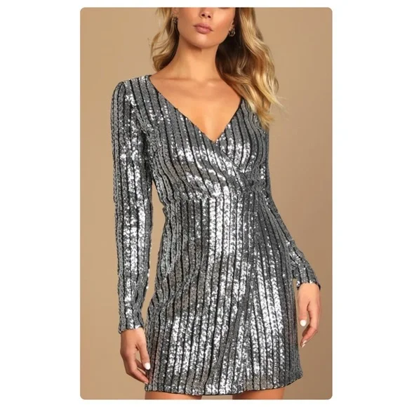 Lulus Dresses Party Starts Now Silver Sequin Long Sleeve Tulip